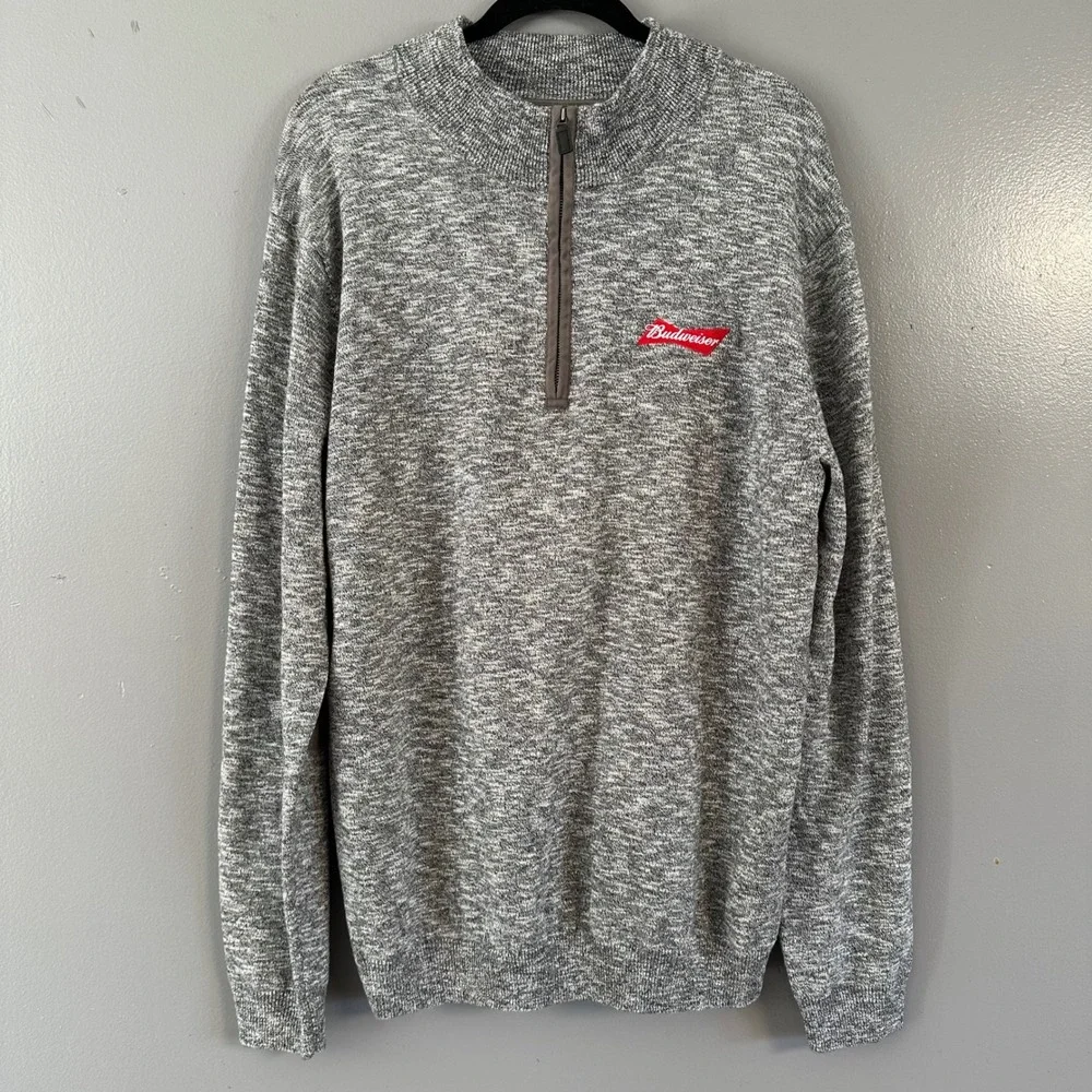 BUDWEISER SALUTE BY LEVELWEAR 1/4‎ ZIP PULLOVER SWEATER LARGE HEATHER GREY